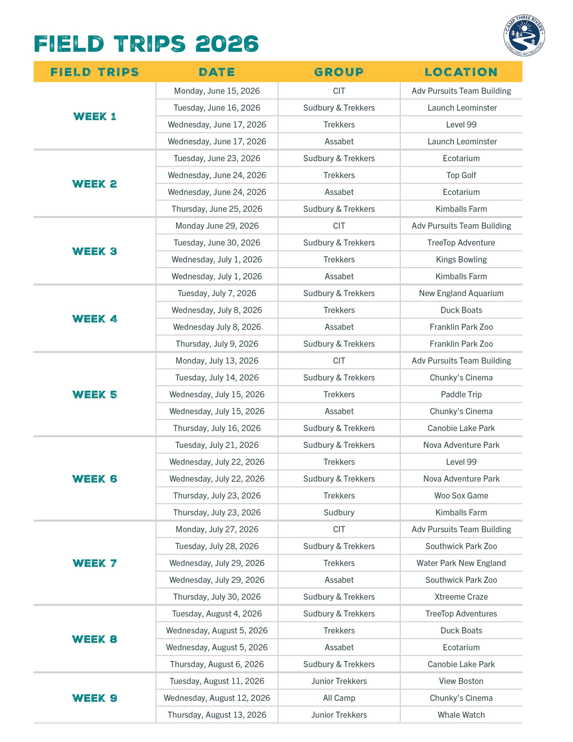 Camp 2026 Field Trips: List View